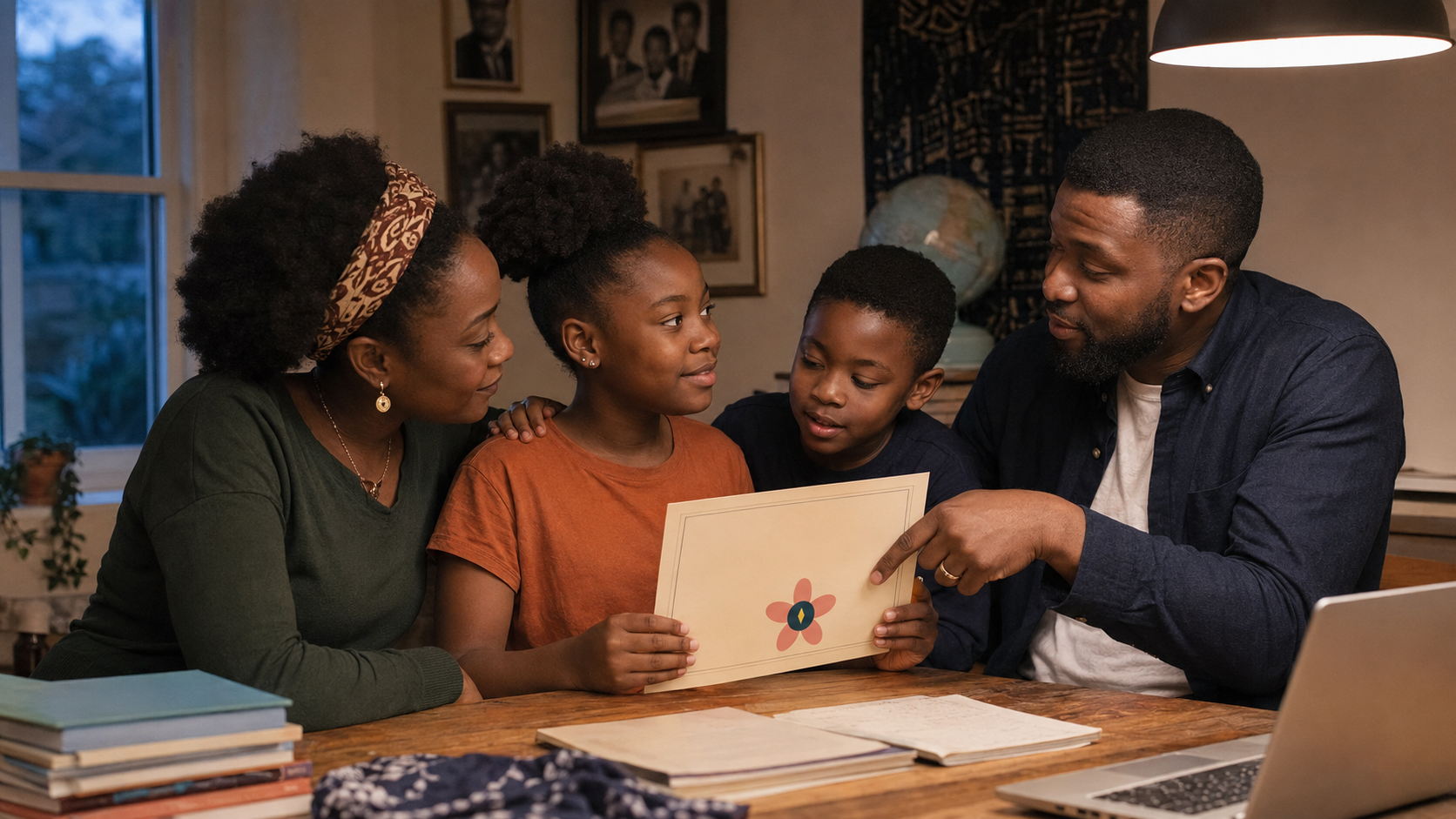 A family gathered around a learner’s progress at home